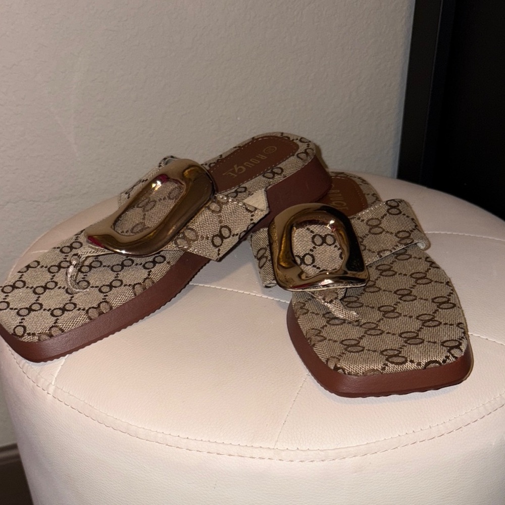 Tan Monogram Slides with Gold Accents